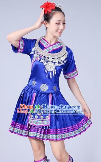 Chinese Ethnic Minority Royalblue Short Dress Traditional Yi Nationality Folk Dance Costumes for Women