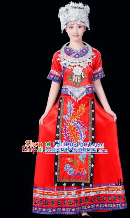 Chinese Ethnic Minority Red Dress Traditional Miao Nationality Folk Dance Costumes for Women