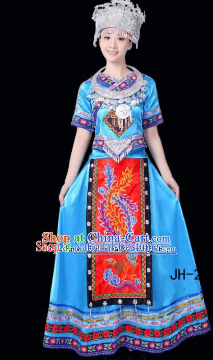 Chinese Ethnic Minority Blue Dress Traditional Miao Nationality Folk Dance Costumes for Women