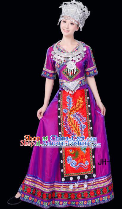 Chinese Ethnic Minority Purple Dress Traditional Miao Nationality Folk Dance Costumes for Women