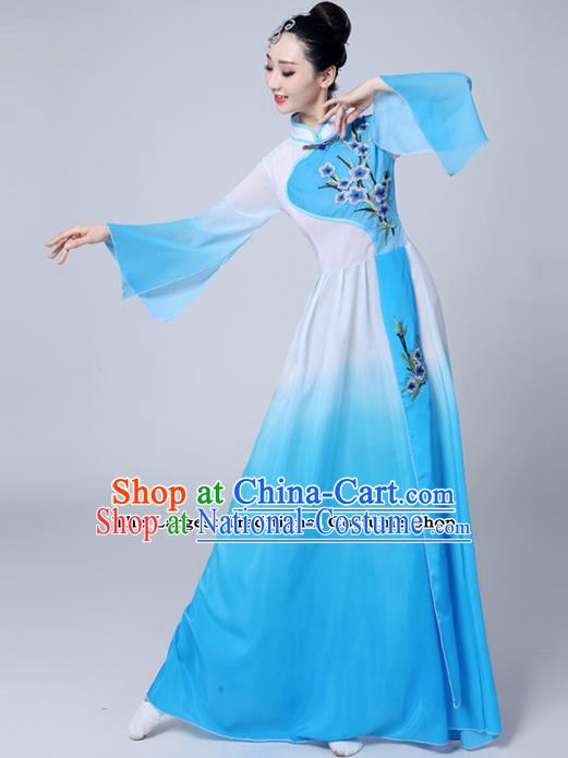 Chinese Traditional Folk Dance Blue Dress Classical Dance Umbrella Dance Costumes for Women