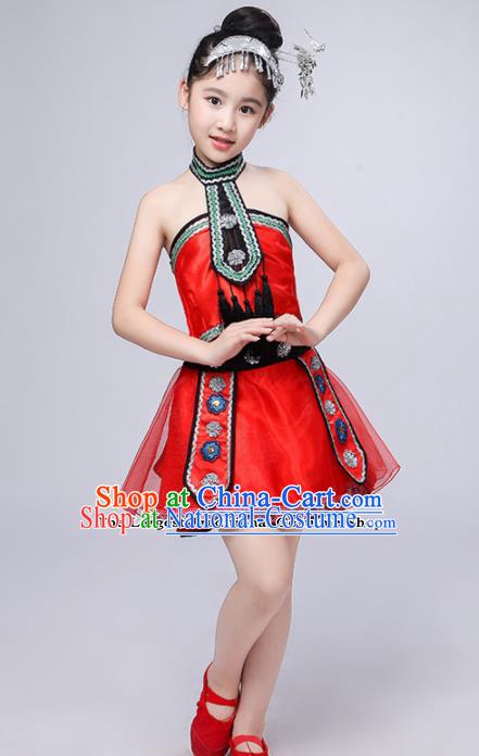 Chinese Traditional Dong Minority Folk Dance Clothing Ethnic Dance Red Dress for Kids