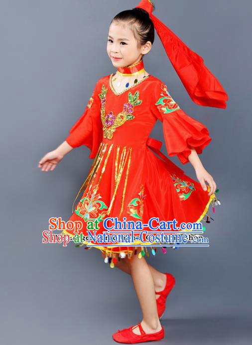 Chinese Traditional Uyghur Minority Folk Dance Clothing Ethnic Dance Red Dress for Kids