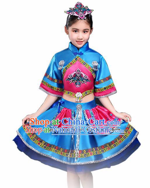 Chinese Traditional Miao Minority Folk Dance Clothing Ethnic Dance Blue Dress for Kids