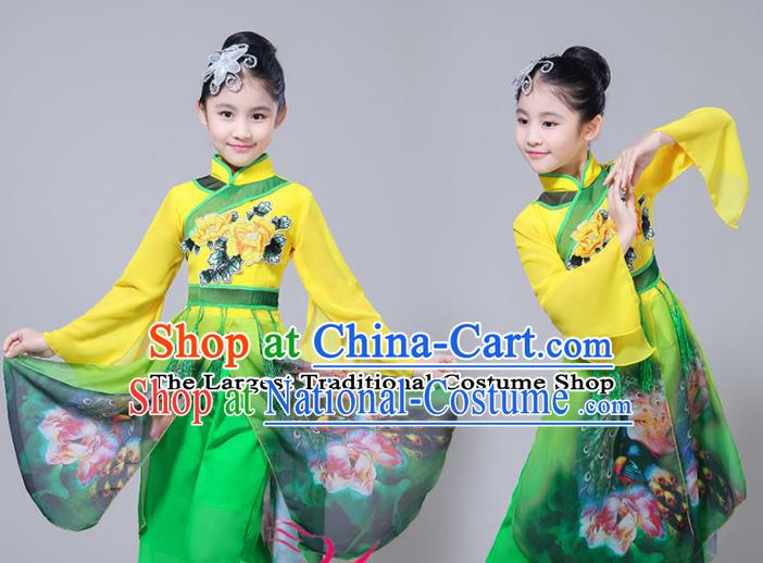 Chinese Traditional Folk Dance Green Dress Classical Dance Umbrella Dance Costumes for Kids