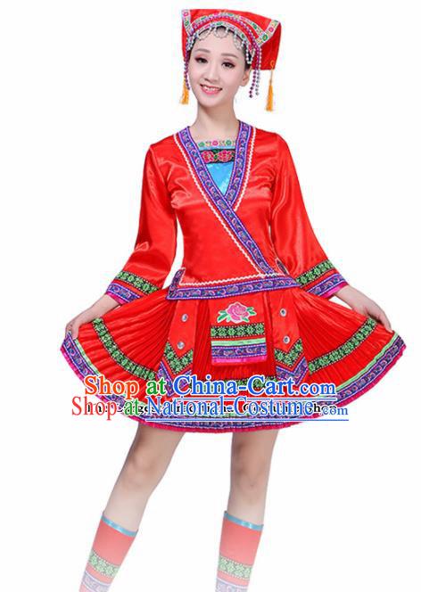 Chinese Yi Ethnic Minority Embroidered Red Dress Traditional Nationality Folk Dance Costumes for Women