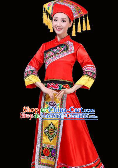 Chinese Yi Ethnic Minority Embroidered Red Dress Traditional Nationality Folk Dance Costumes for Women