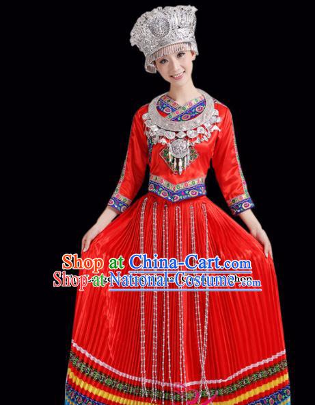 Chinese Miao Ethnic Minority Embroidered Red Dress Traditional Hmong Nationality Folk Dance Costumes for Women