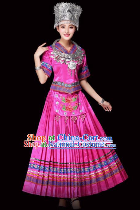 Chinese Miao Ethnic Minority Embroidered Pink Dress Traditional Hmong Nationality Folk Dance Costumes for Women