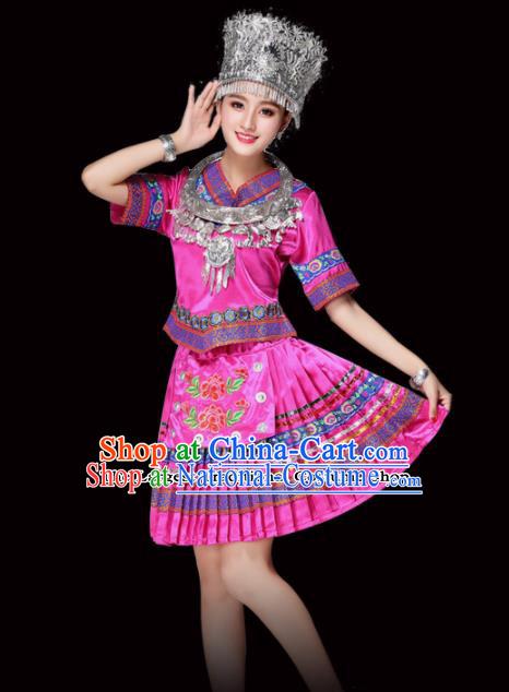 Chinese Miao Ethnic Minority Embroidered Rosy Short Dress Traditional Hmong Nationality Folk Dance Costumes for Women