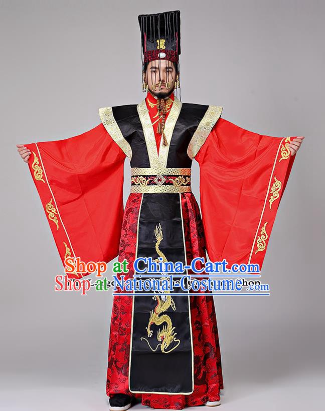 Traditional Chinese Qin Dynasty Drama Costumes Ancient Emperor Imperial Robe and Headwear for Men