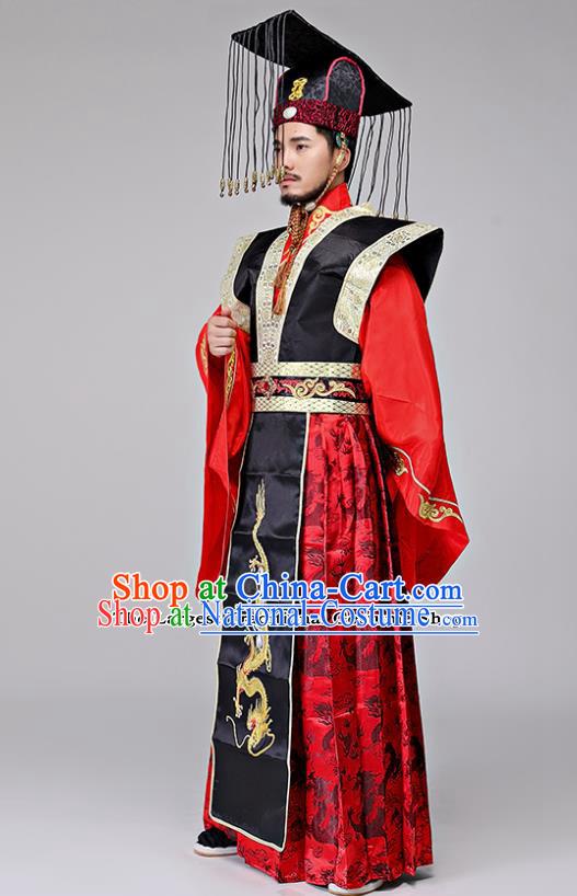 Traditional Chinese Qin Dynasty Drama Costumes Ancient Emperor Imperial Robe and Headwear for Men