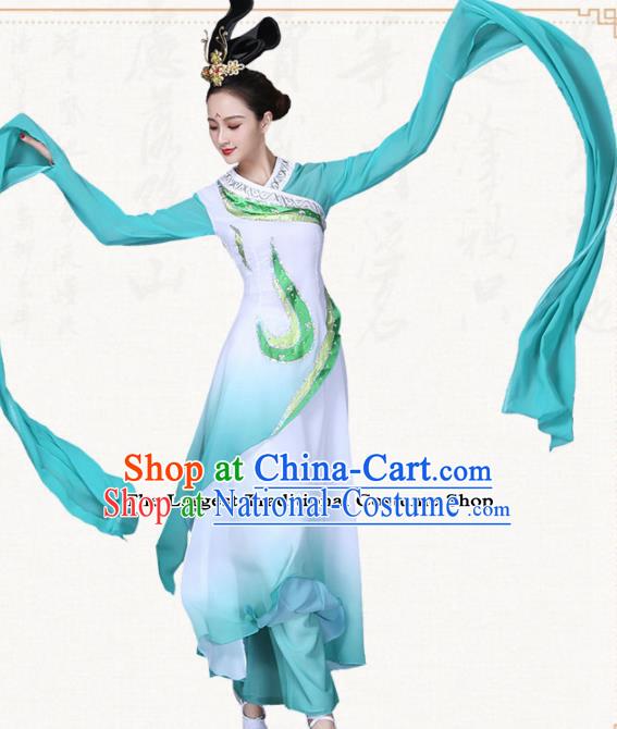 Chinese Traditional Classical Dance Green Water Sleeve Dress Ancient Group Dance Costumes for Women