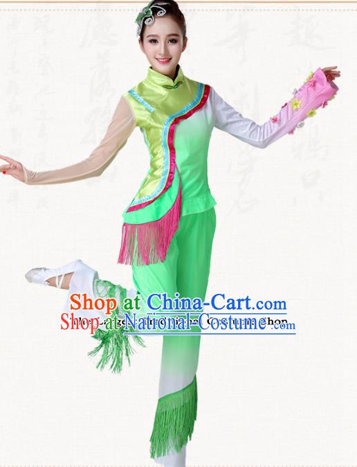 Chinese Traditional Classical Dance Yangko Green Dress Fan Dance Group Dance Costumes for Women