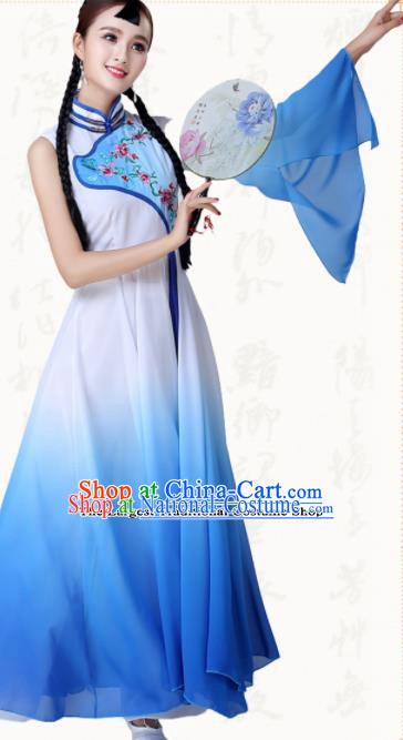 Chinese Traditional Classical Dance Blue Dress Umbrella Dance Group Dance Costumes for Women