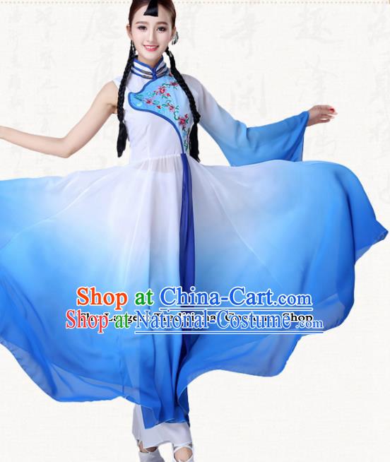 Chinese Traditional Classical Dance Blue Dress Umbrella Dance Group Dance Costumes for Women