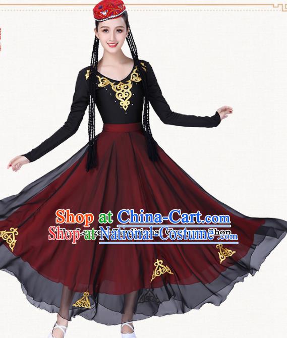 Chinese Traditional Uyghur Nationality Red Dress Uigurian Ethnic Folk Dance Costumes for Women