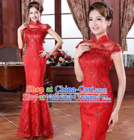 Traditional Chinese Classical Wedding Qipao Dress Bride Red Cheongsam for Women