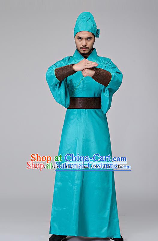 Traditional Chinese Three Kingdoms Period Swordsman Blue Costumes Ancient Drama Knight Clothing for Men