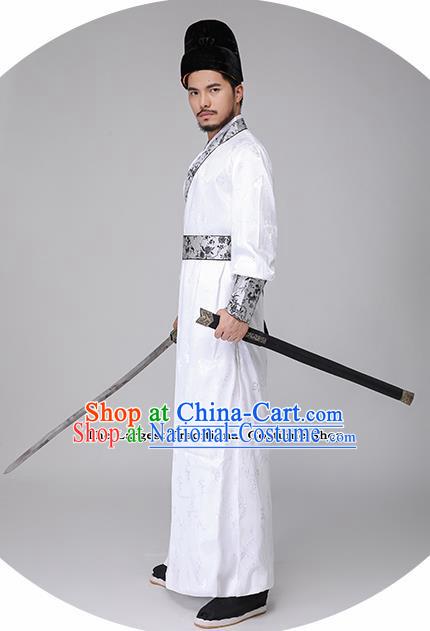 Traditional Chinese Three Kingdoms Period Swordsman White Costumes Ancient Drama Knight Clothing for Men