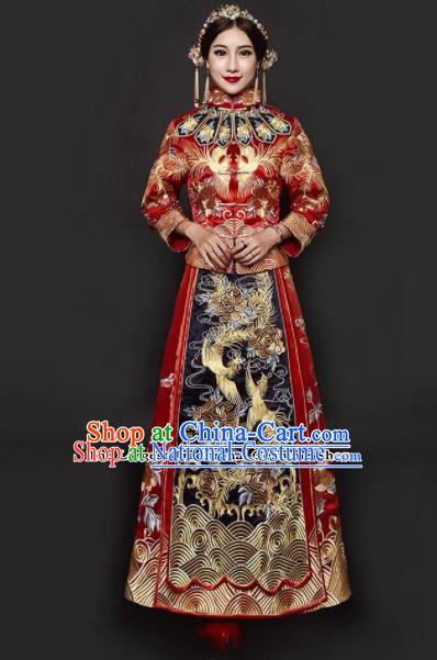 Traditional Chinese Embroidered Xiuhe Suit Red Wedding Dress Ancient Bride Costumes for Women