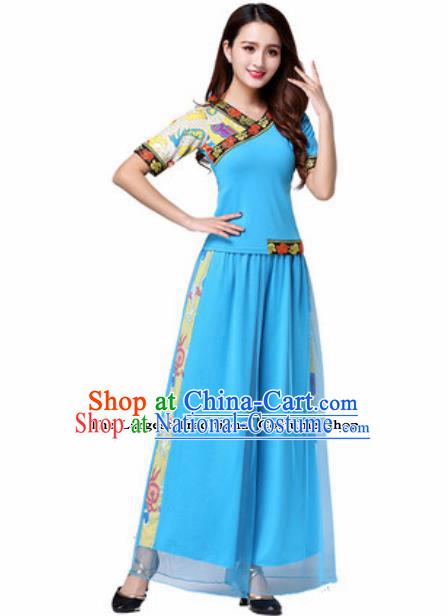 Traditional Chinese Folk Dance Yangko Blue Costumes Group Dance Fan Dance Clothing for Women