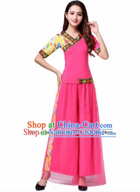 Traditional Chinese Folk Dance Yangko Pink Costumes Group Dance Fan Dance Clothing for Women