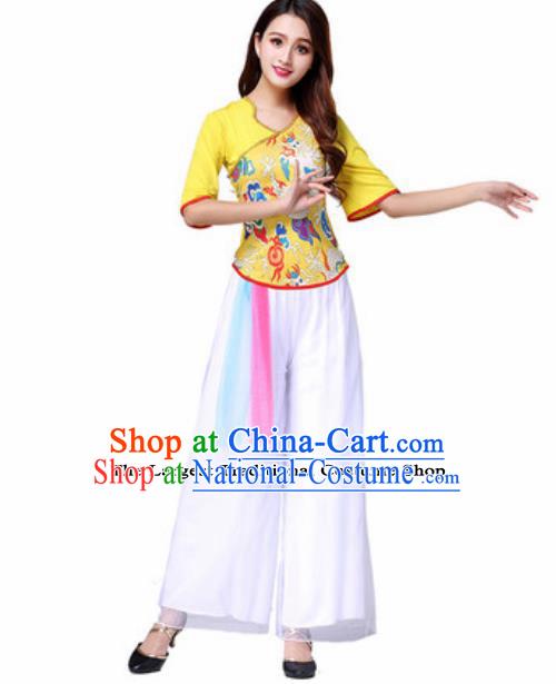 Traditional Chinese Folk Dance Yangko Costumes Fan Dance Group Dance Yellow Clothing for Women