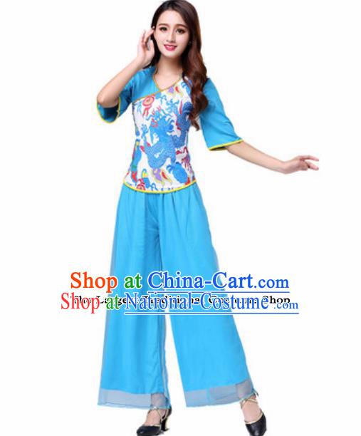 Traditional Chinese Folk Dance Yangko Costumes Fan Dance Group Dance Blue Clothing for Women