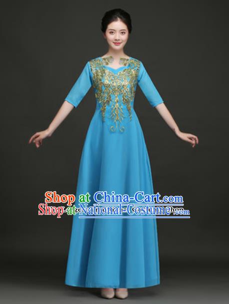 Top Grade Chorus Compere Costume Modern Dance Group Dance Blue Dress for Women