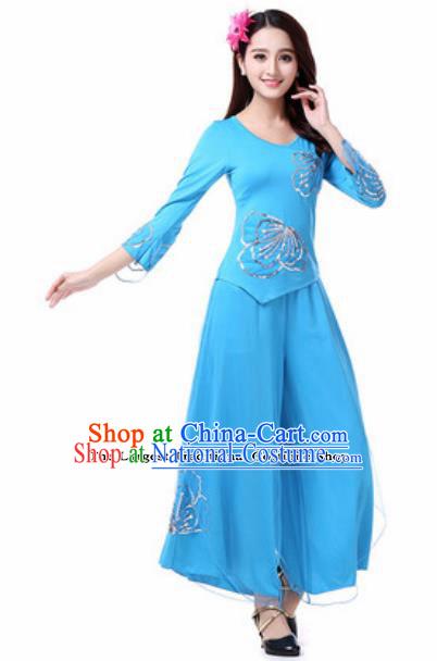 Traditional Chinese Folk Dance Costumes Fan Dance Yanko Dance Blue Dress for Women