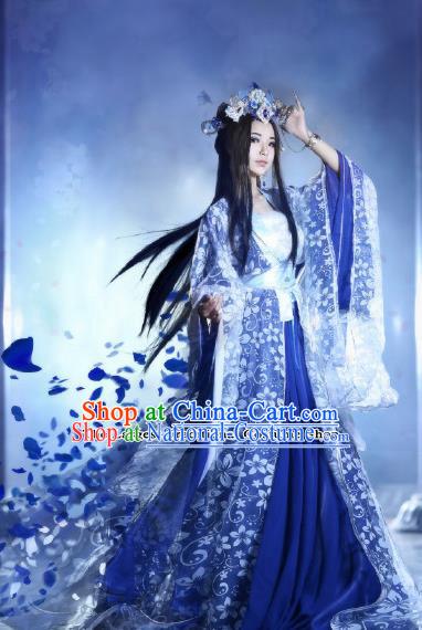 Traditional Chinese Cosplay Swordswoman Blue Costumes Ancient Imperial Consort Hanfu Dress for Women