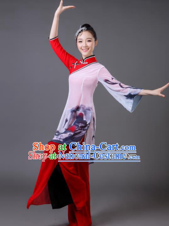 Traditional Chinese Classical Dance Red Costumes Umbrella Dance Yangko Clothing for Women