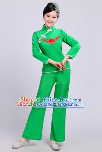 Traditional Chinese Folk Dance Fan Dance Costumes Yanko Dance Group Dance Green Clothing for Women