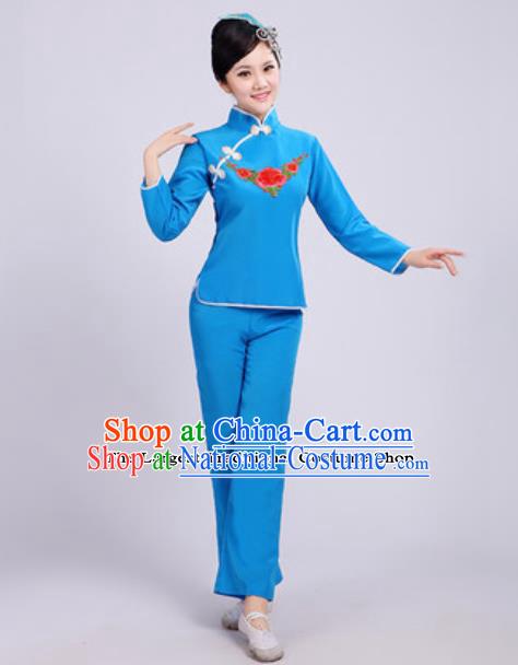 Traditional Chinese Folk Dance Fan Dance Costumes Yanko Dance Group Dance Blue Clothing for Women