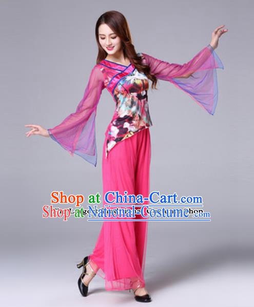 Traditional Chinese Folk Dance Rosy Costumes Fan Dance Yanko Dance Clothing for Women