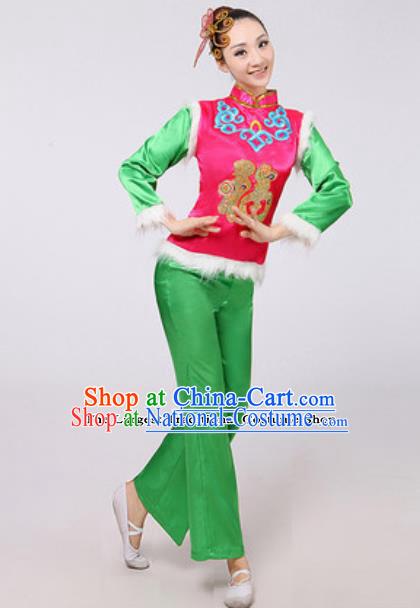 Traditional Chinese Folk Dance Yangko Green Costumes Fan Dance Clothing for Women