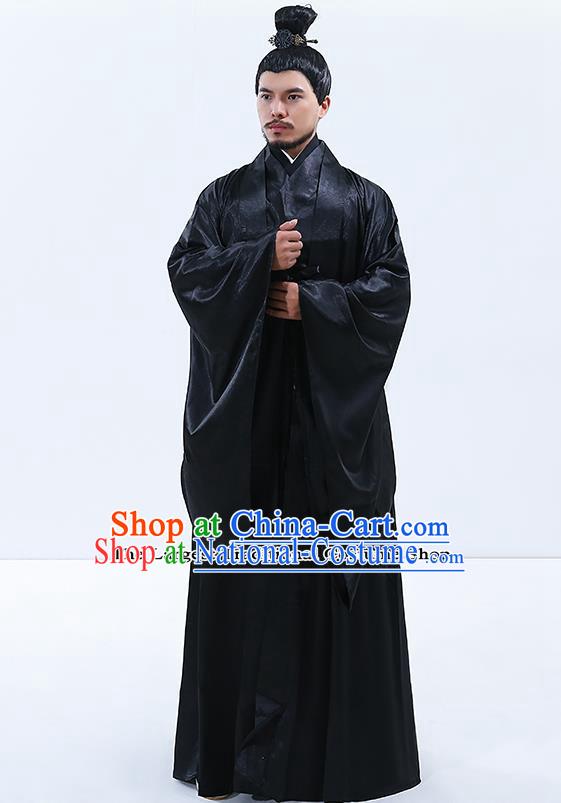 Traditional Chinese Drama Han Dynasty Emperor Costumes Ancient Majesty Embroidered Black Robe for Men