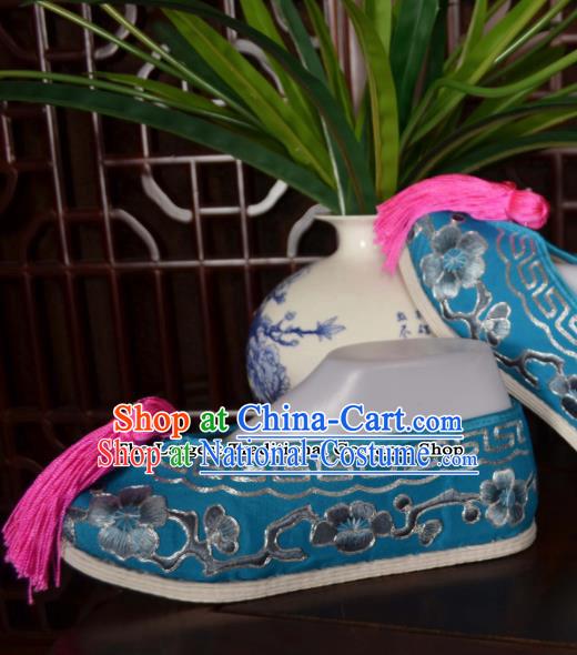 Traditional Chinese Beijing Opera Actress Embroidered Shoes Ancient Princess Blue Hanfu Shoes for Women