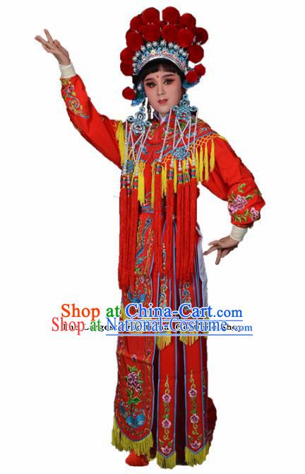 Traditional Chinese Peking Opera Blues Costumes Ancient Female General Red Dress and Hat for Adults