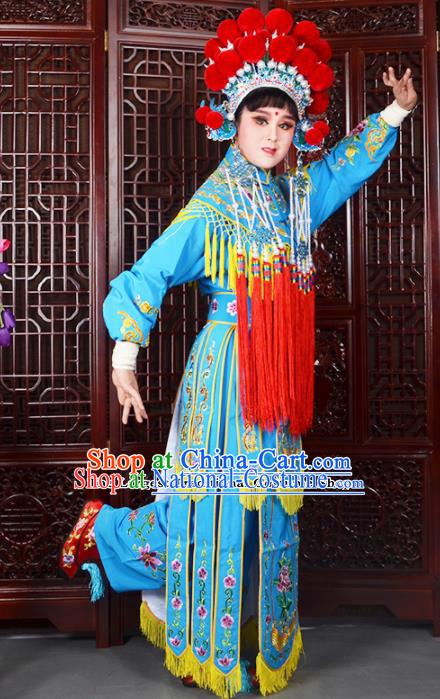 Traditional Chinese Peking Opera Blues Costumes Ancient Female General Blue Dress and Hat for Adults