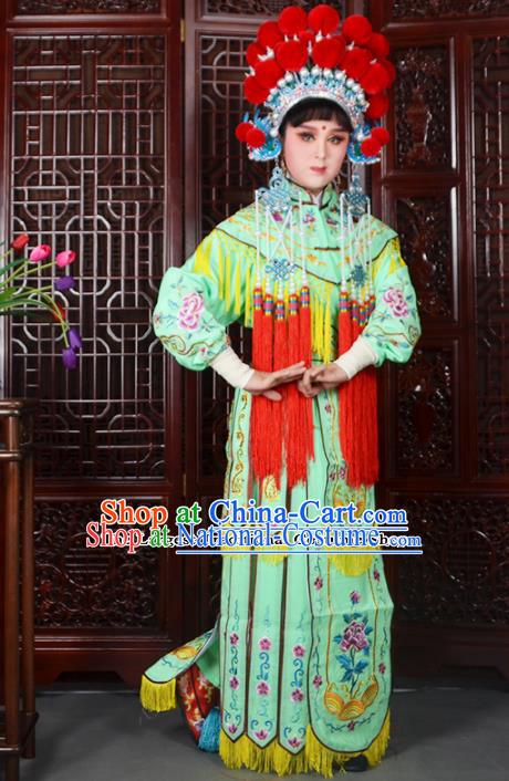 Traditional Chinese Peking Opera Blues Costumes Ancient Female General Green Dress and Hat for Adults