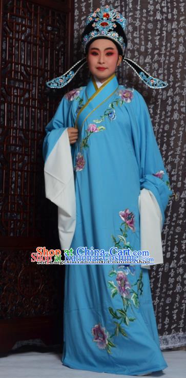 Professional Chinese Peking Opera Niche Costumes Embroidered Peony Blue Robe for Adults