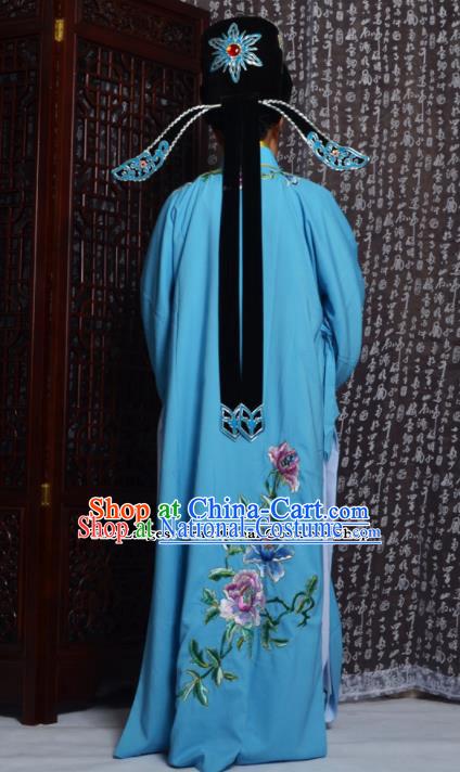 Professional Chinese Peking Opera Niche Costumes Embroidered Peony Blue Robe for Adults