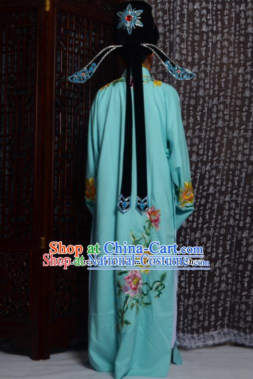 Professional Chinese Peking Opera Niche Costumes Embroidered Peony Light Blue Robe for Adults