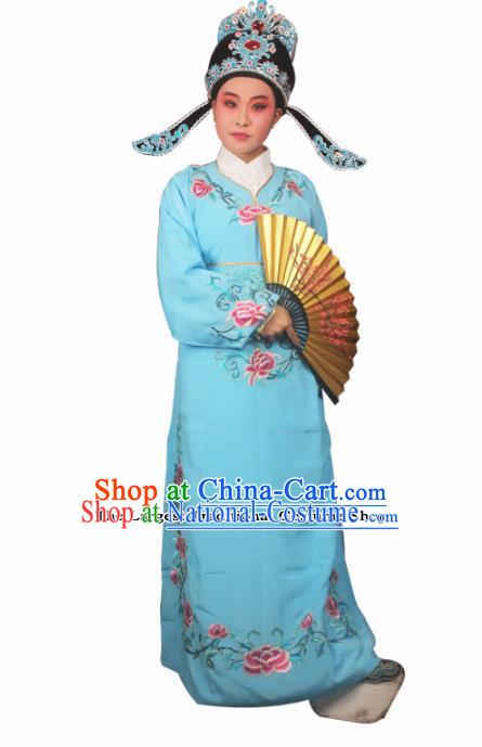 Professional Chinese Peking Opera Niche Costumes Gifted Scholar Embroidered Blue Robe for Adults