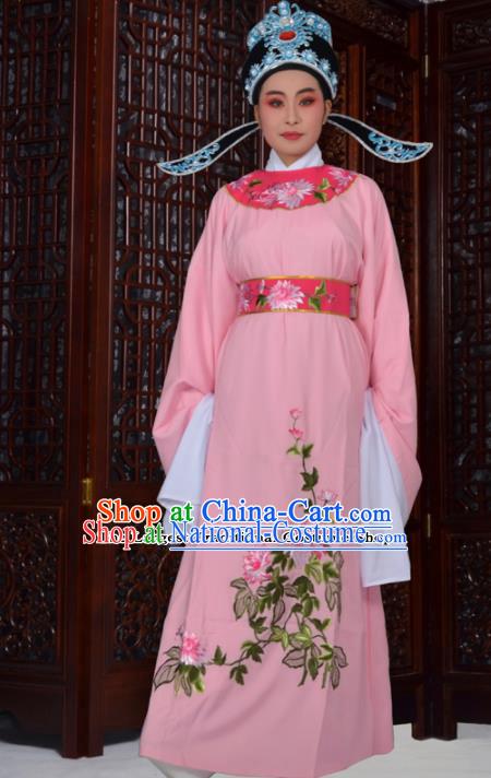 Professional Chinese Peking Opera Niche Costumes Ancient Gifted Scholar Embroidered Chrysanthemum Pink Robe for Adults