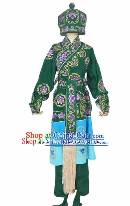 Professional Chinese Peking Opera Takefu Costumes Ancient Swordsman Embroidered Green Clothing and Hat for Adults