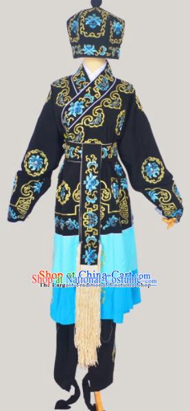 Professional Chinese Peking Opera Takefu Costumes Ancient Swordsman Embroidered Black Clothing and Hat for Adults