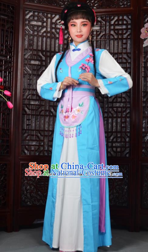 Chinese Ancient Maidservants Embroidered Blue Dress Traditional Peking Opera Actress Costumes for Adults